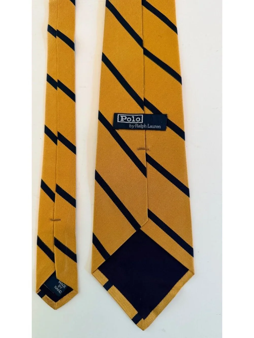 Polo By Ralph Lauren Gold & Navy Blue Striped 100% Silk Handmade Tie Made In USA